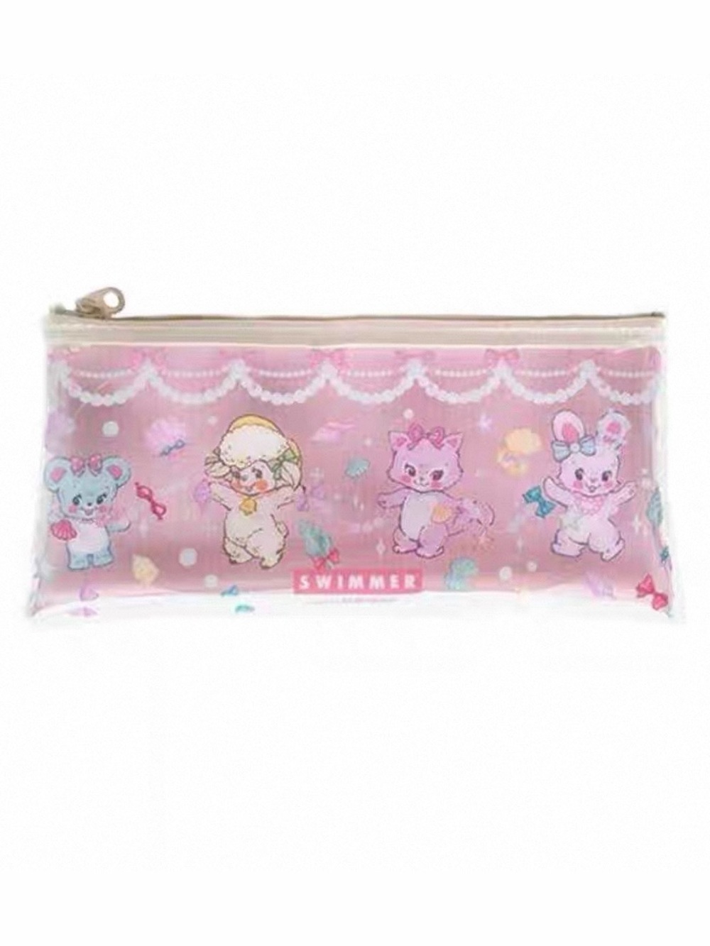 Japanese Swimmer Cartoon PU Clear White Pink Pearl Pen Makeup Brush Case